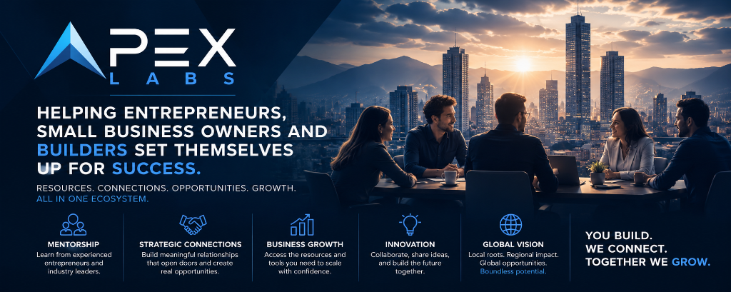 Apex Labs brand banner showing professionals in a meeting overlooking a sunset city skyline, highlighting business growth and mentorship services.
