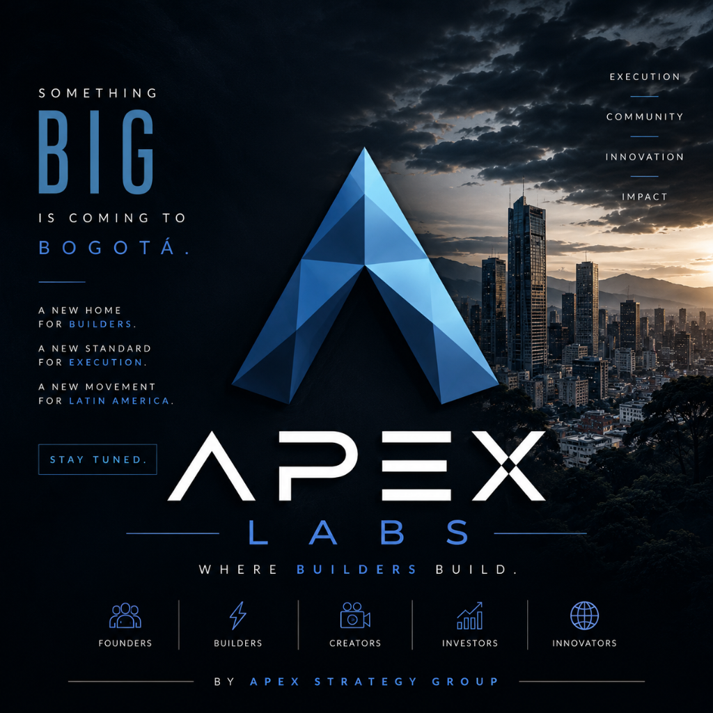 Apex Labs launch teaser graphic for Bogotá featuring a large blue geometric brand mark over a dramatic evening skyline.