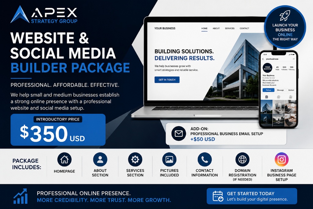 Apex Strategy Group Website and Social Media Builder Package promotional graphic showing the $350 introductory price and included features.